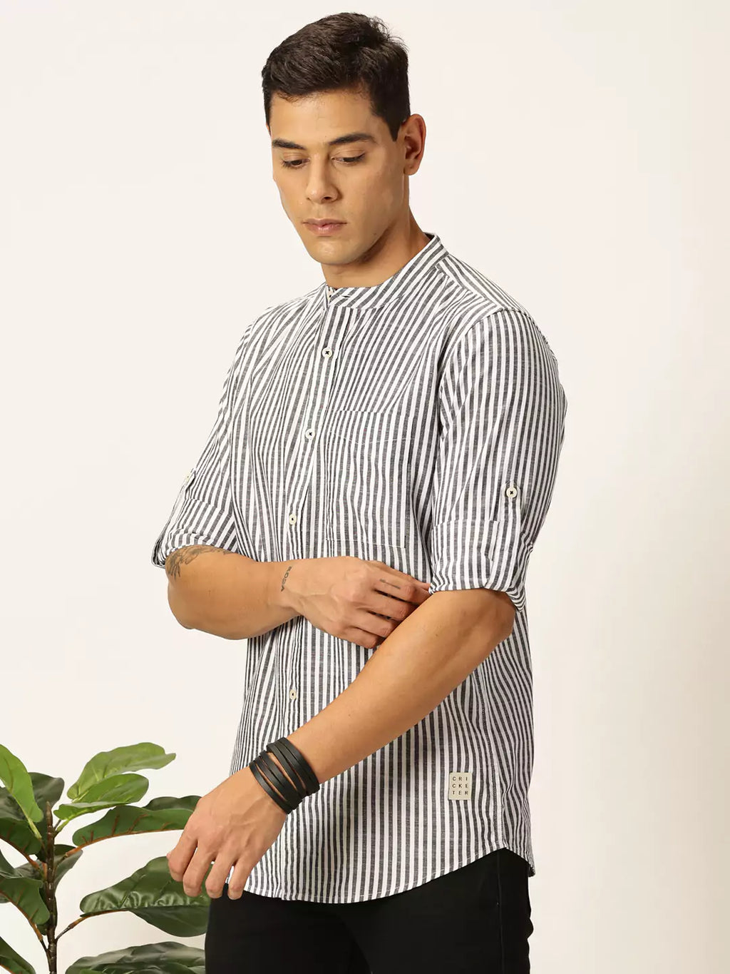 Thomas Scott Men Premium Striped Roll-Up Sleeves Mandarin Collar Casual Shirt