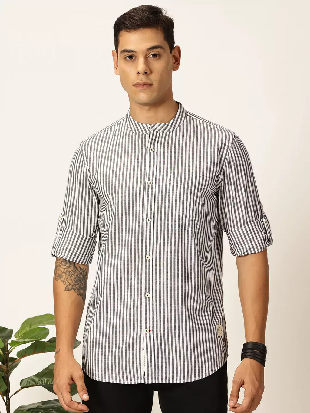 Thomas Scott Men Premium Striped Roll-Up Sleeves Mandarin Collar Casual Shirt