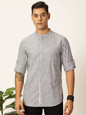 Thomas Scott Men Premium Striped Roll-Up Sleeves Mandarin Collar Casual Shirt