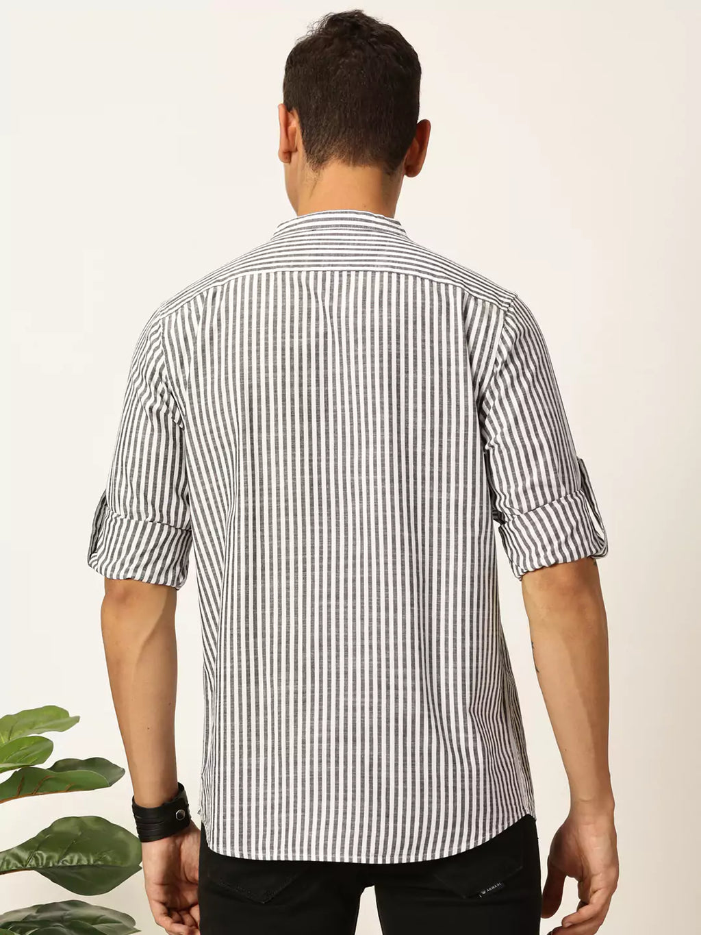 Thomas Scott Men Premium Striped Roll-Up Sleeves Mandarin Collar Casual Shirt