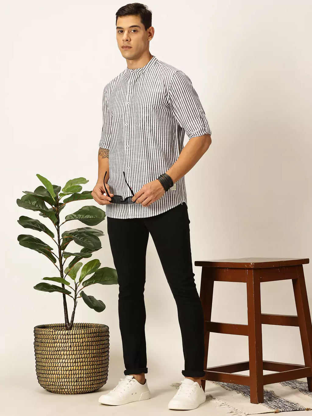 Thomas Scott Men Premium Striped Roll-Up Sleeves Mandarin Collar Casual Shirt
