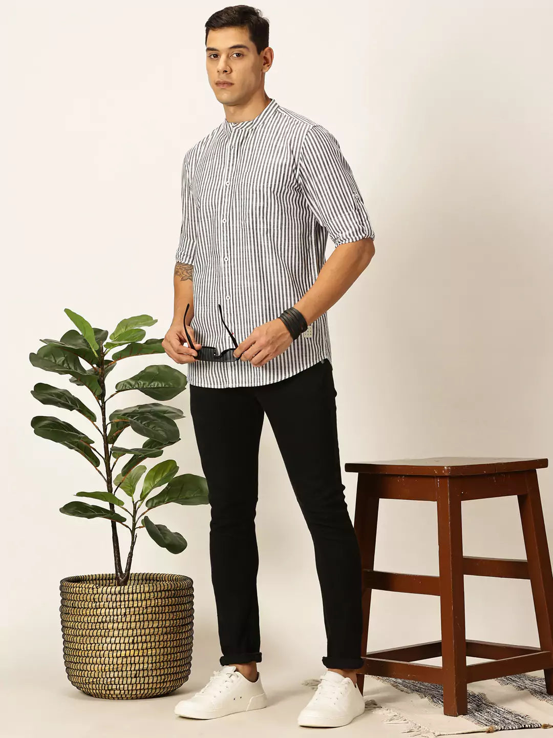 Thomas Scott Men Premium Striped Roll-Up Sleeves Mandarin Collar Casual Shirt