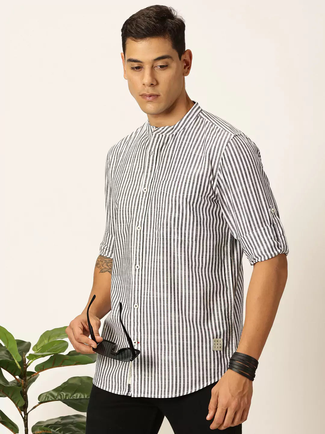 Thomas Scott Men Premium Striped Roll-Up Sleeves Mandarin Collar Casual Shirt
