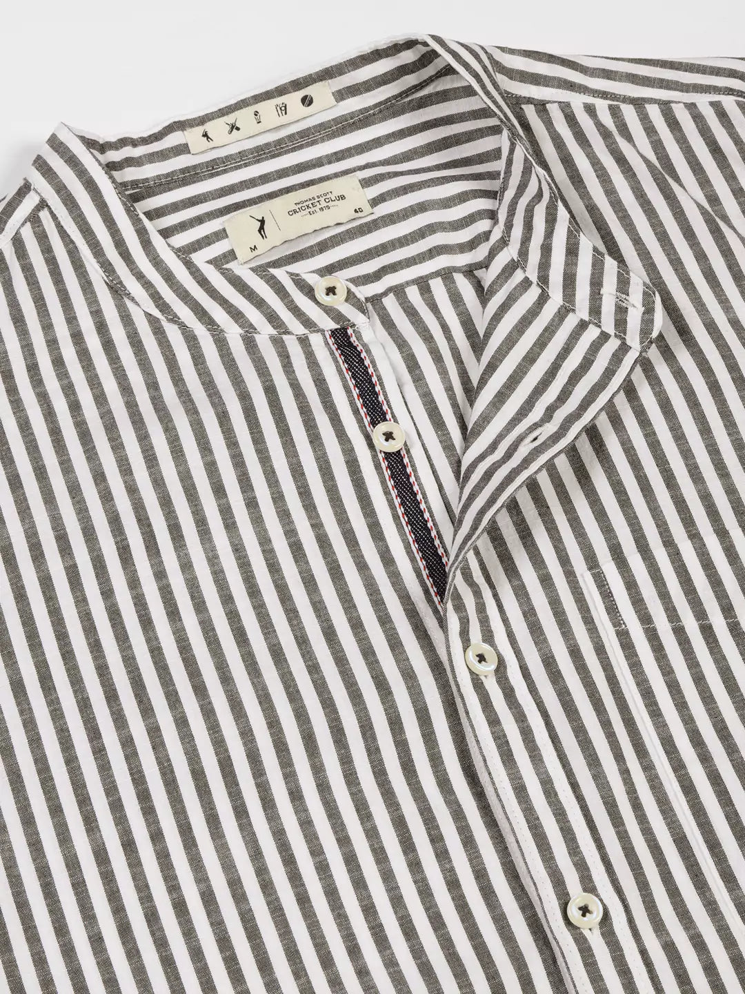Thomas Scott Men Premium Striped Roll-Up Sleeves Mandarin Collar Casual Shirt
