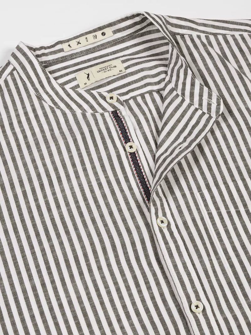 Thomas Scott Men Premium Striped Roll-Up Sleeves Mandarin Collar Casual Shirt