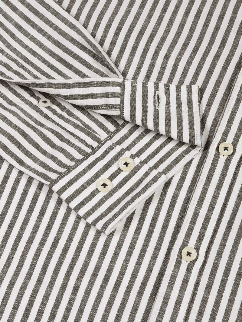 Thomas Scott Men Premium Striped Roll-Up Sleeves Mandarin Collar Casual Shirt