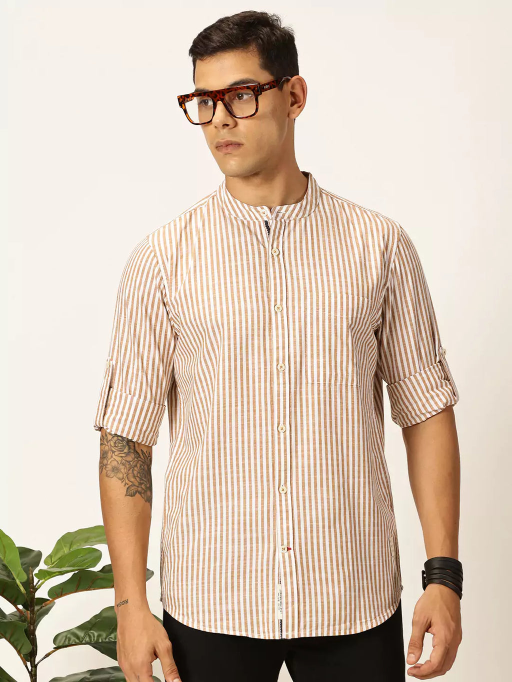 Thomas Scott Men Premium Striped Mandarin Collar Casual Shirt