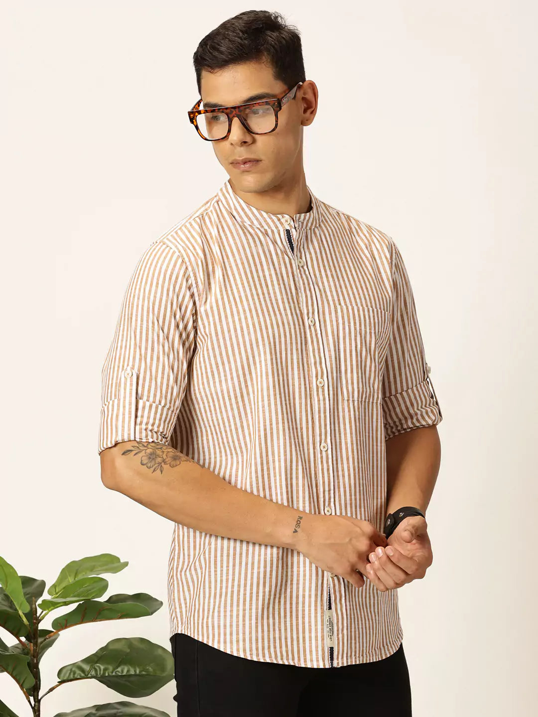 Thomas Scott Men Premium Striped Mandarin Collar Casual Shirt