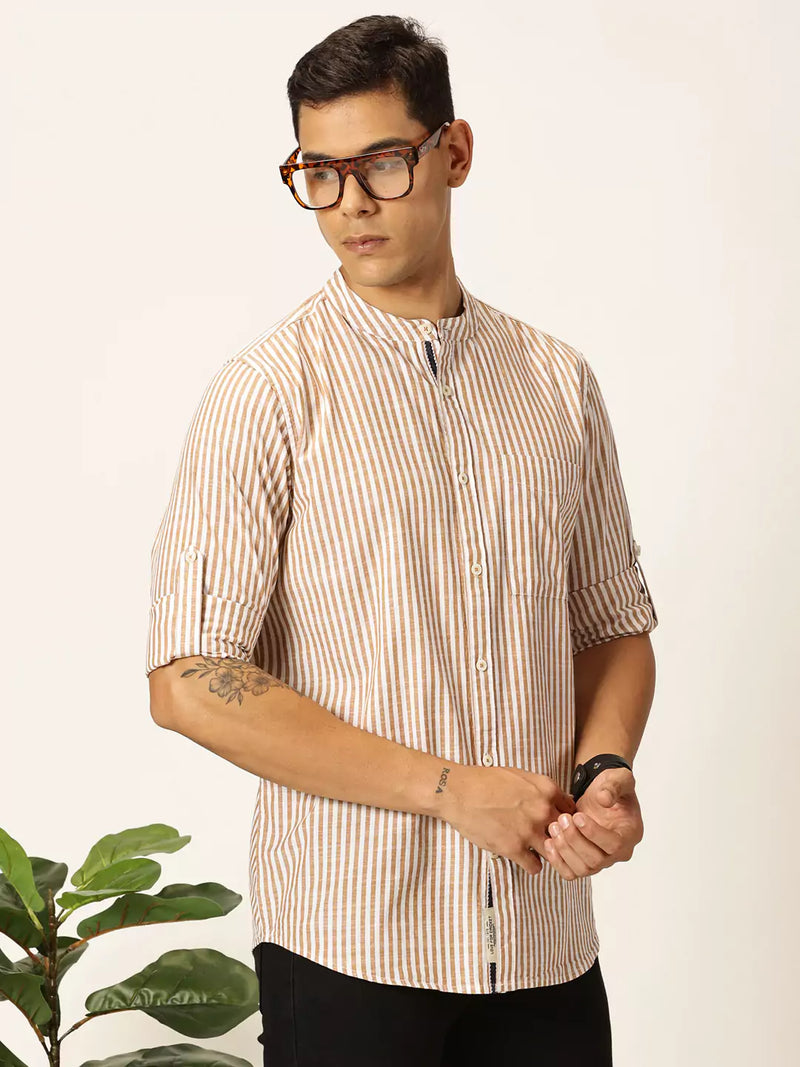 Thomas Scott Men Premium Striped Mandarin Collar Casual Shirt
