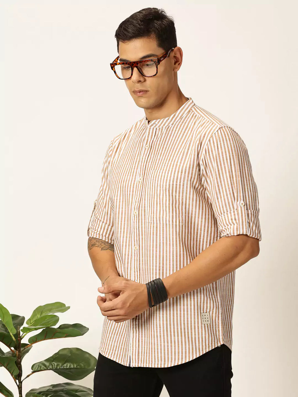 Thomas Scott Men Premium Striped Mandarin Collar Casual Shirt