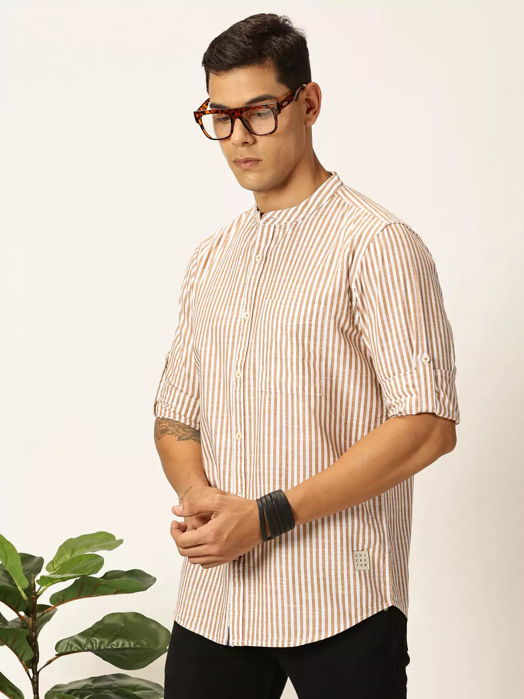 Thomas Scott Men Premium Striped Mandarin Collar Casual Shirt