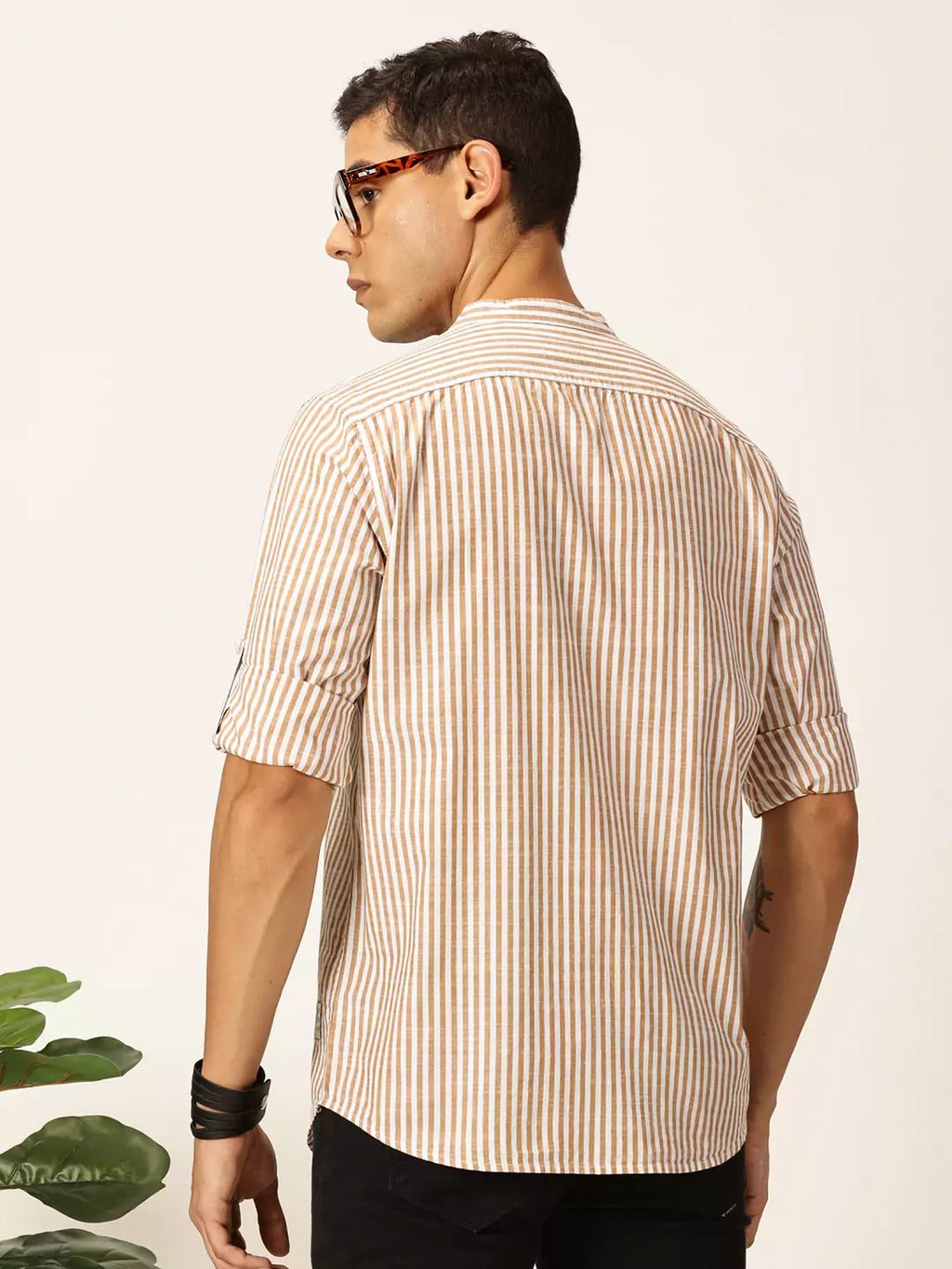 Thomas Scott Men Premium Striped Mandarin Collar Casual Shirt