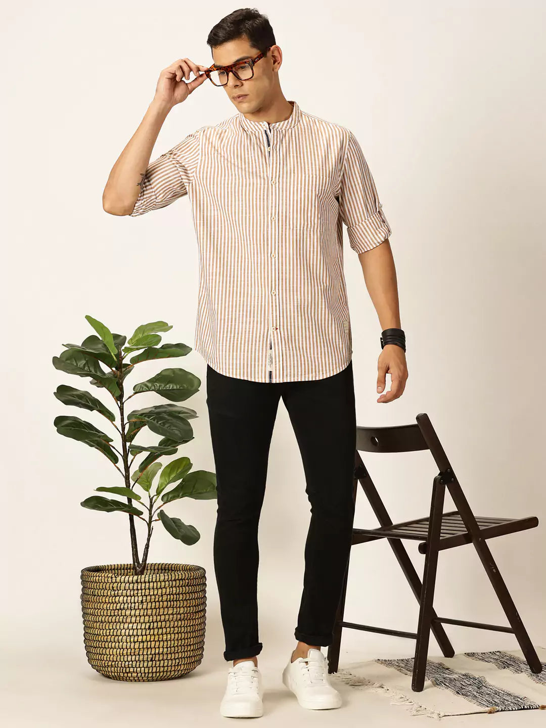 Thomas Scott Men Premium Striped Mandarin Collar Casual Shirt