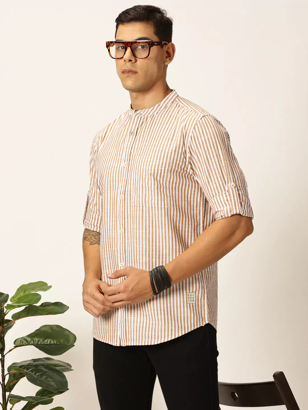 Thomas Scott Men Premium Striped Mandarin Collar Casual Shirt