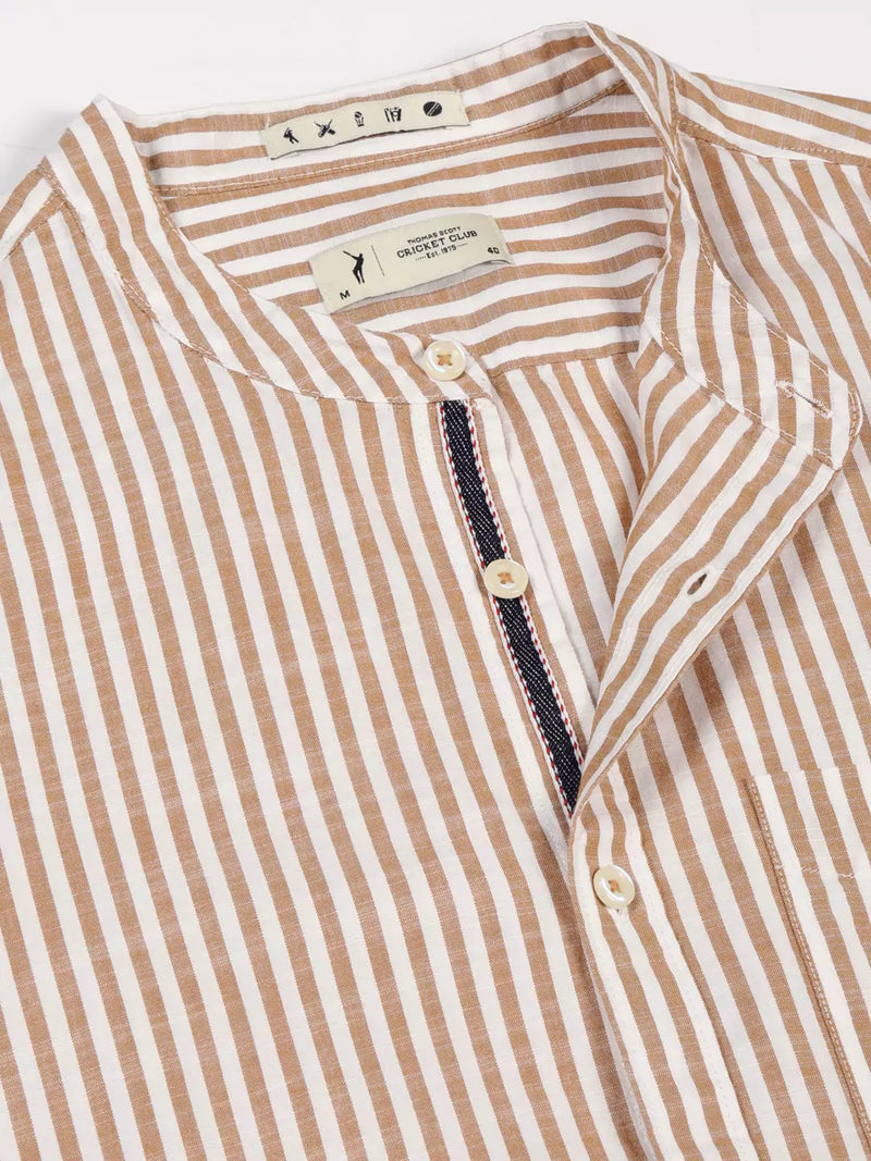 Thomas Scott Men Premium Striped Mandarin Collar Casual Shirt