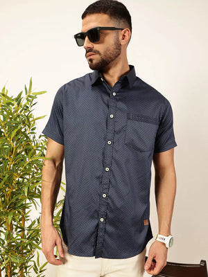 Men Navy Blue Regular Fit Cotton Shirt