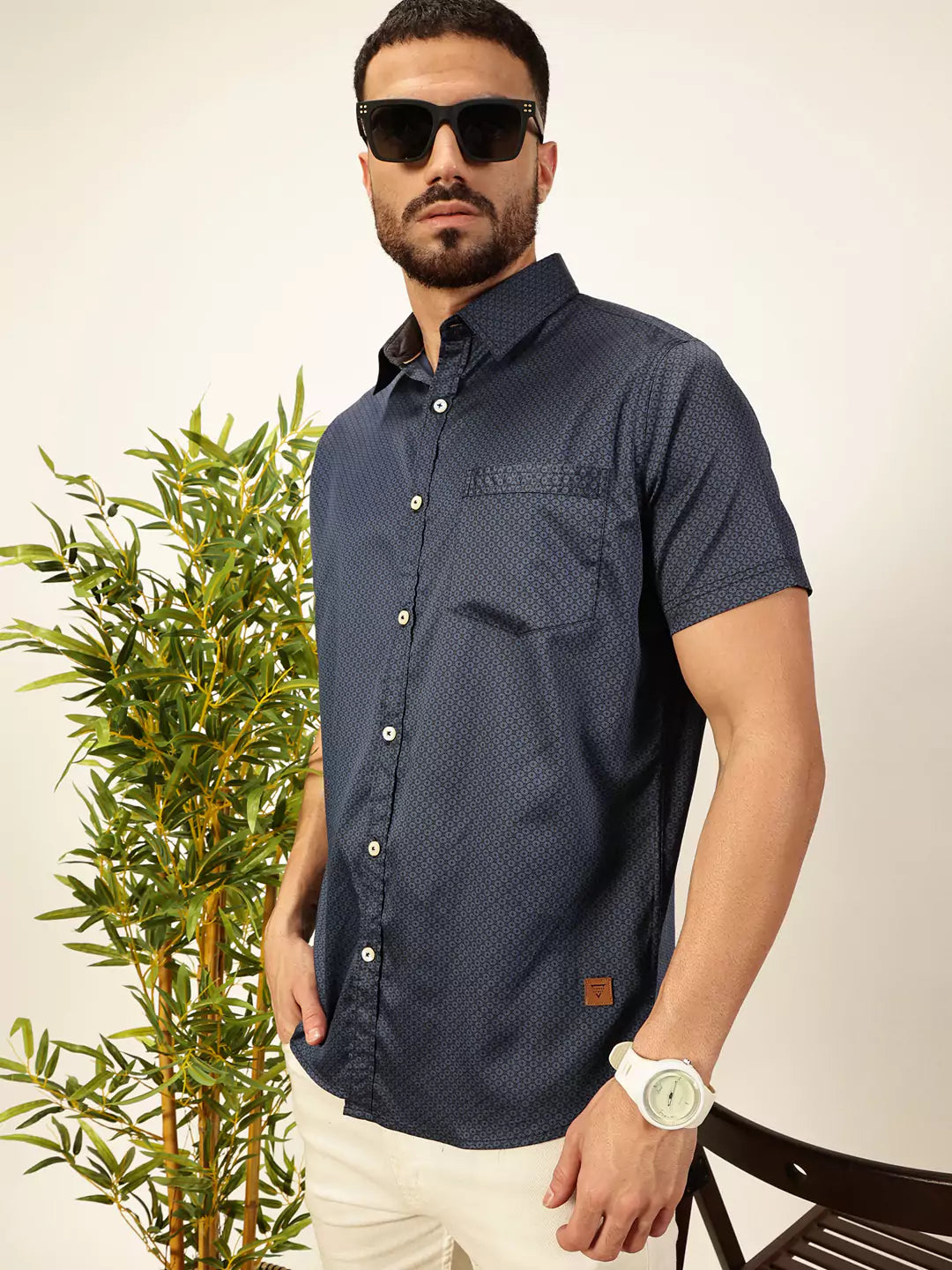 Men Navy Blue Regular Fit Cotton Shirt