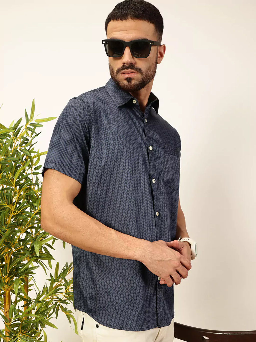 Men Navy Blue Regular Fit Cotton Shirt