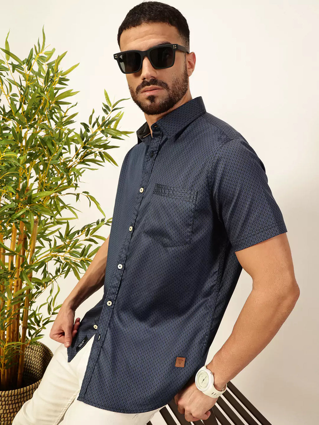 Men Navy Blue Regular Fit Cotton Shirt