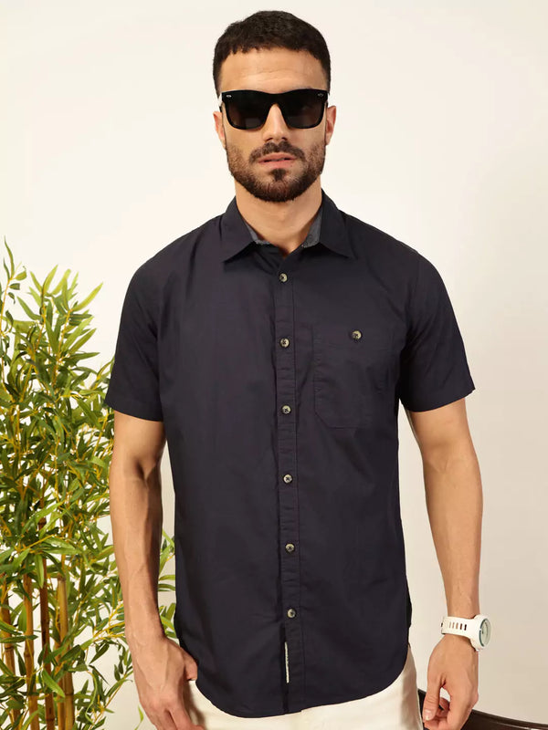 Navy Premium Solid Casual Shirt For Men