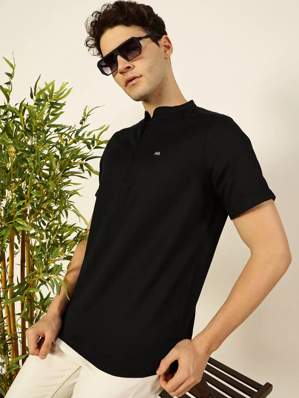 Thomas Scott Men Solid Mandarin Collar Cotton T-Shirt