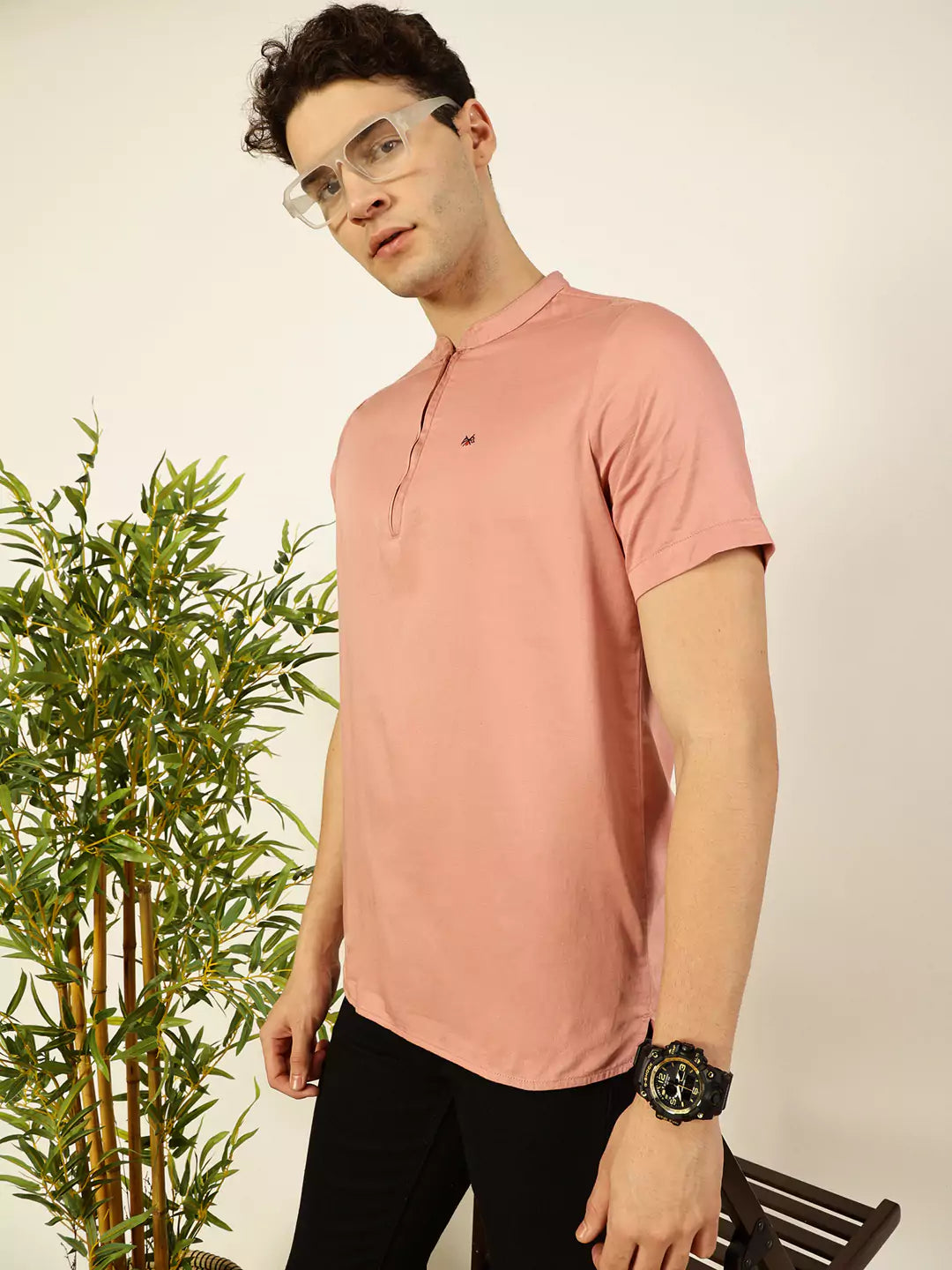 Thomas Scott Men Solid Mandarin Collar Cotton T-Shirt