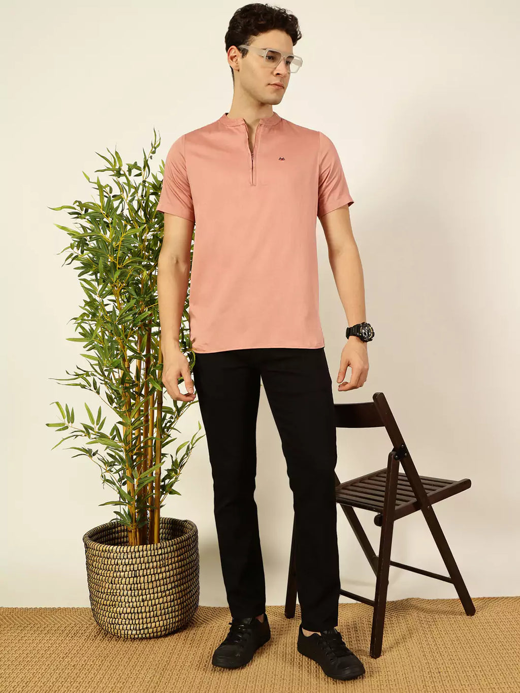 Thomas Scott Men Solid Mandarin Collar Cotton T-Shirt