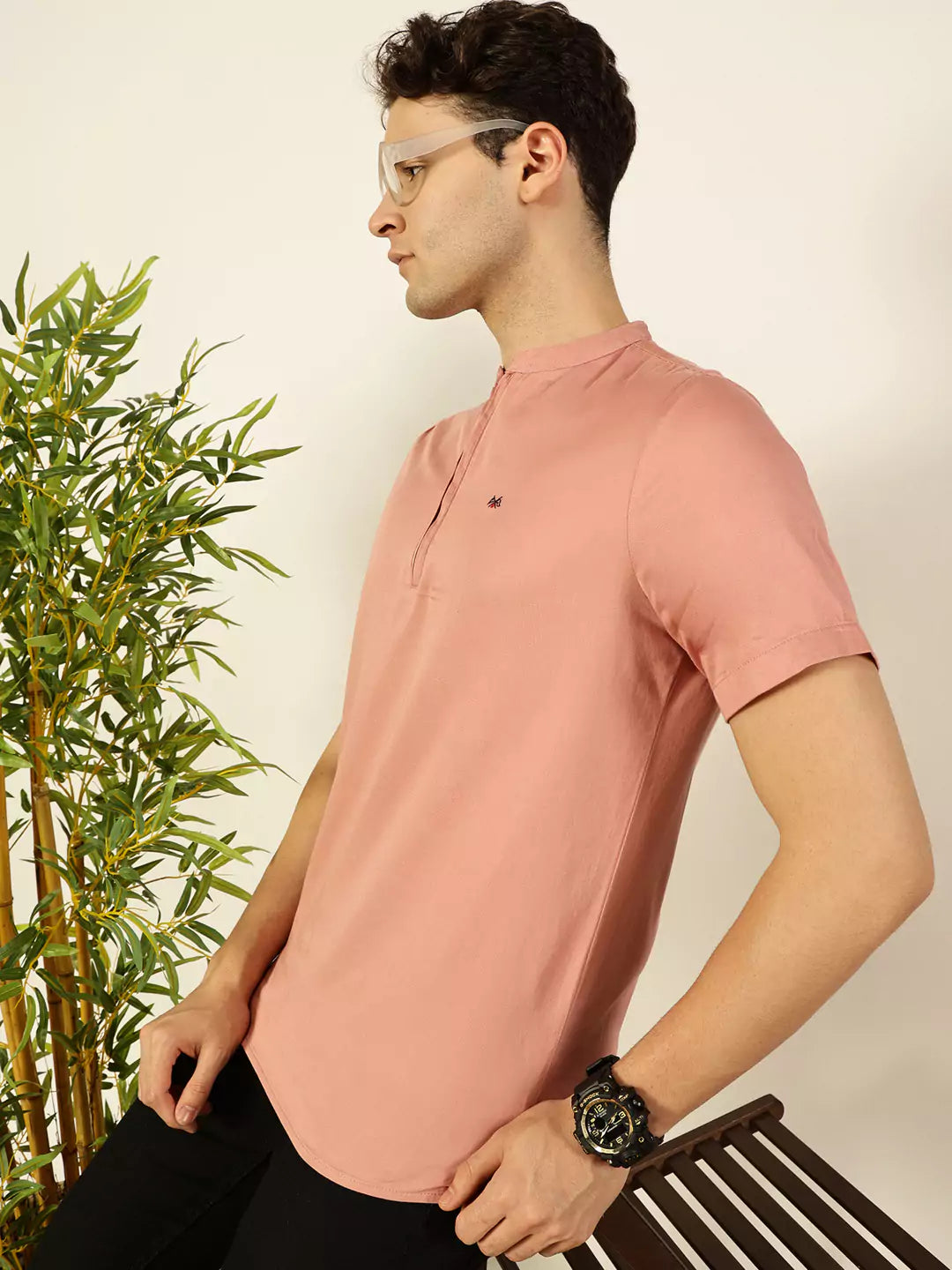 Thomas Scott Men Solid Mandarin Collar Cotton T-Shirt