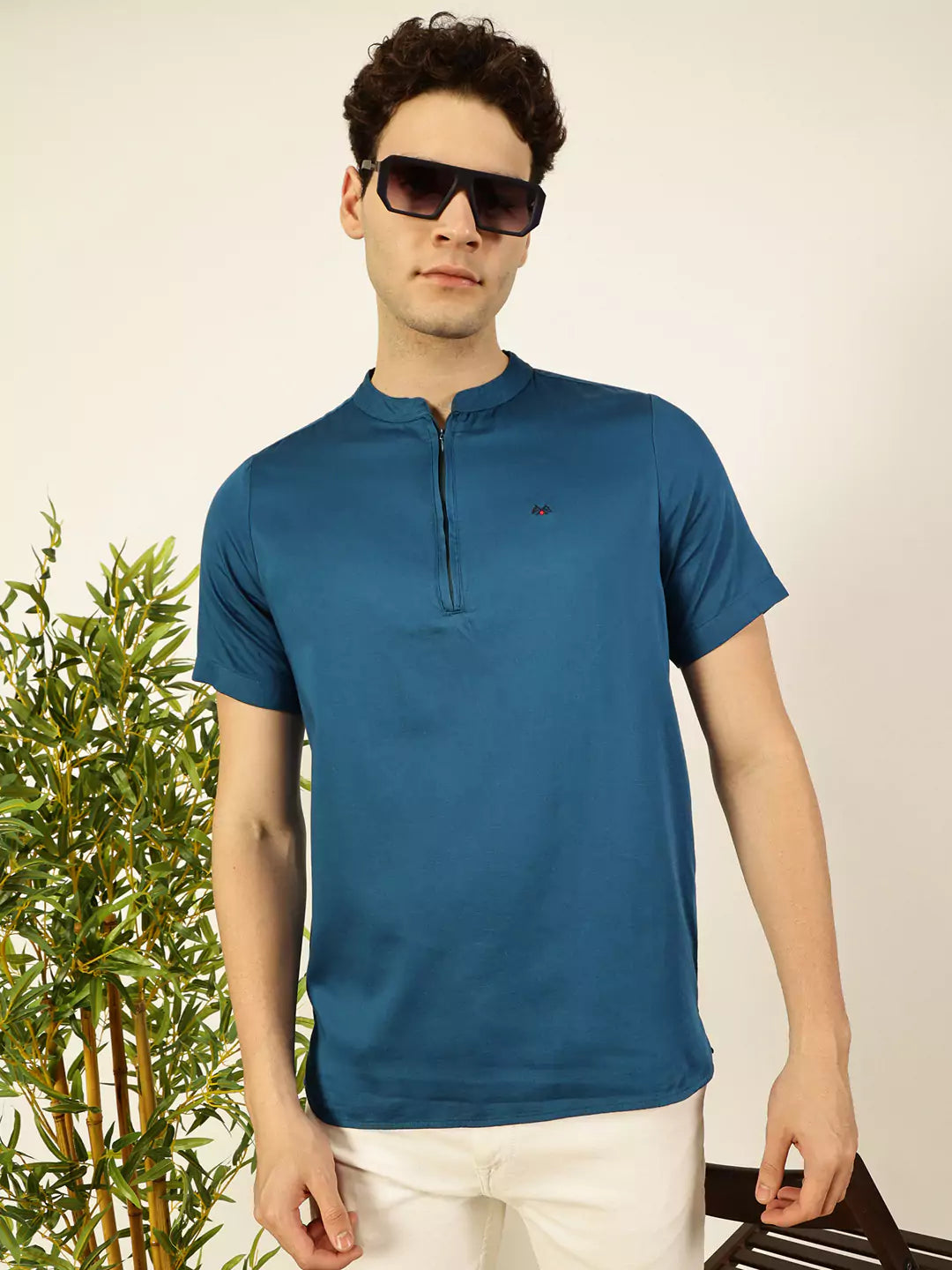 Thomas Scott Men Solid Mandarin Collar Cotton T-Shirt