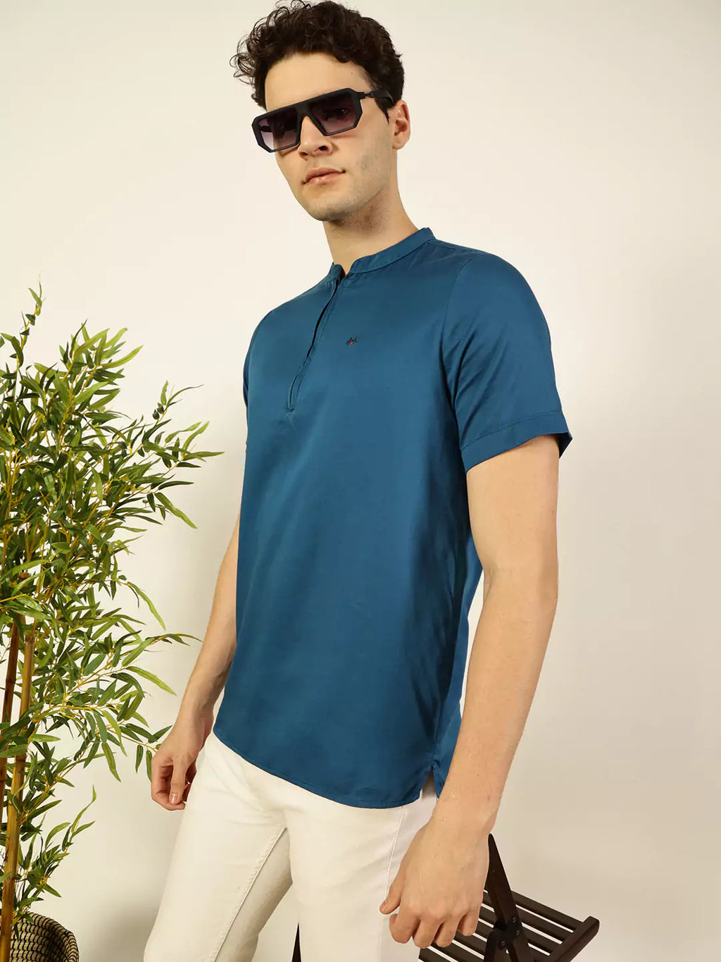 Thomas Scott Men Solid Mandarin Collar Cotton T-Shirt