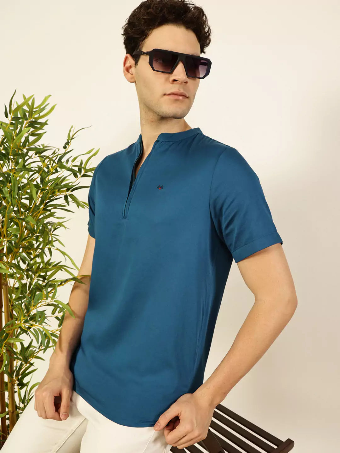 Thomas Scott Men Solid Mandarin Collar Cotton T-Shirt