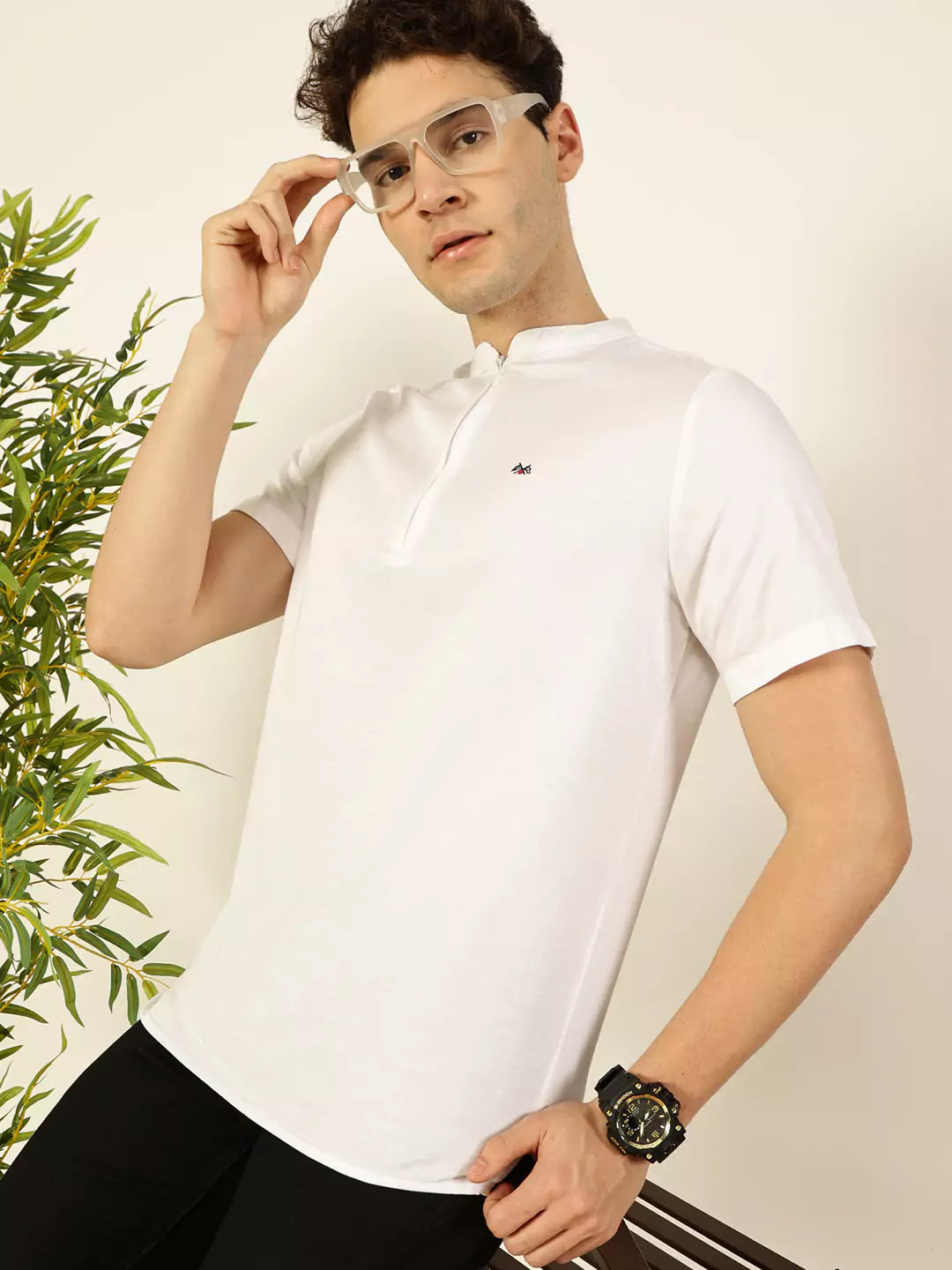 Thomas Scott Men Solid Mandarin Collar Cotton T-Shirt