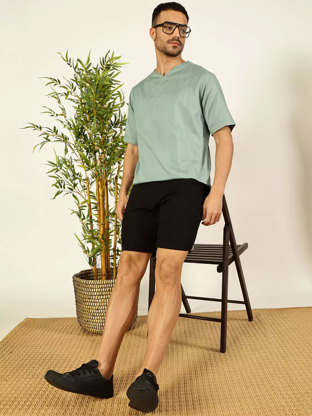 Thomas Scott Men Solid V-Neck Cotton Boxy T-Shirt