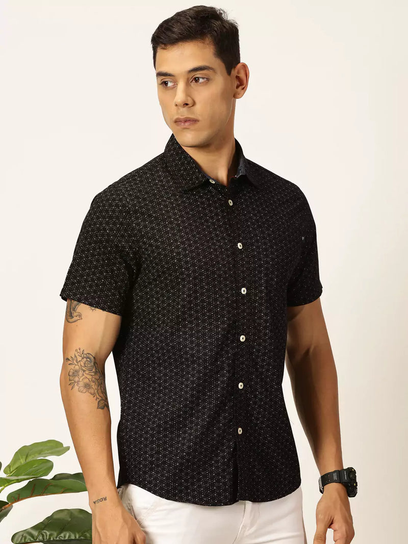 Thomas Scott Men Premium Spread Collar Conversational Printed Cotton Slim Fit Casual Shirt