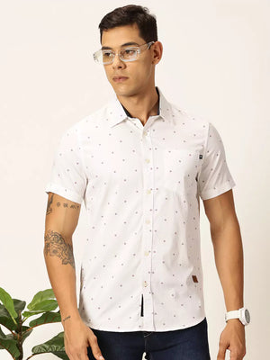 Thomas Scott Men Premium Spread Collar Micro Ditsy Printed Cotton Slim Fit Casual Shirt