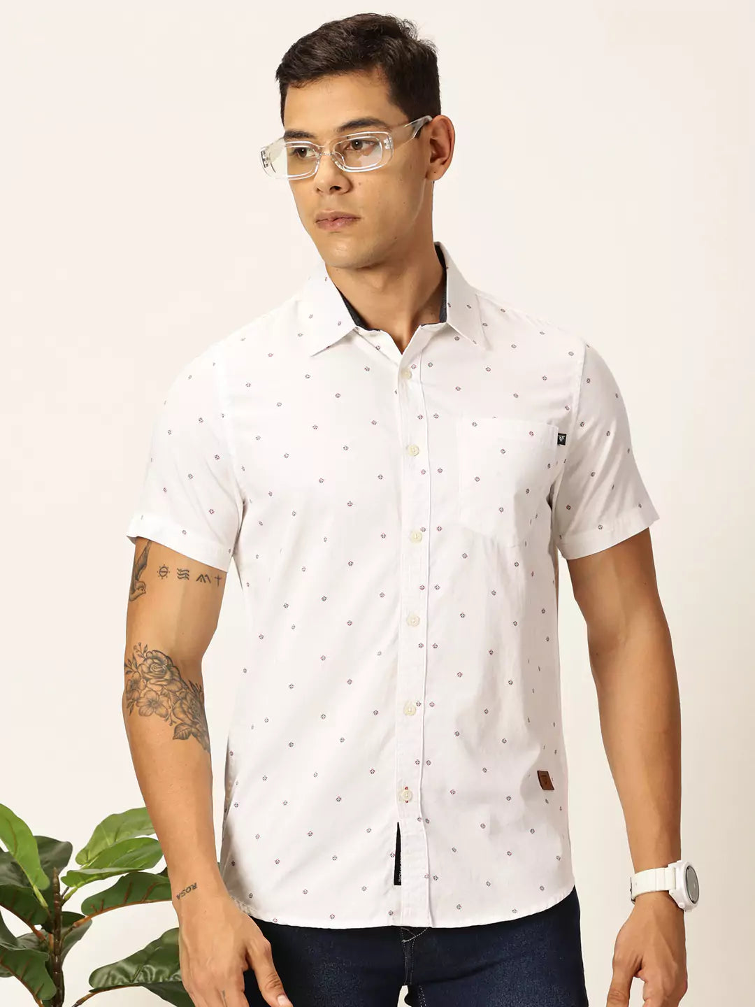 Thomas Scott Men Premium Spread Collar Micro Ditsy Printed Cotton Slim Fit Casual Shirt
