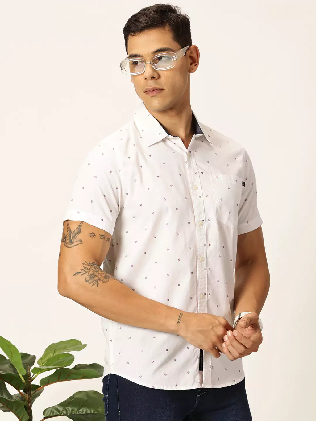 Thomas Scott Men Premium Spread Collar Micro Ditsy Printed Cotton Slim Fit Casual Shirt
