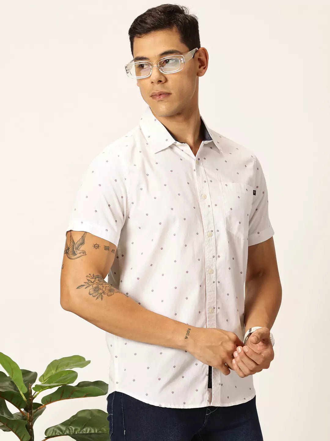 Thomas Scott Men Premium Spread Collar Micro Ditsy Printed Cotton Slim Fit Casual Shirt