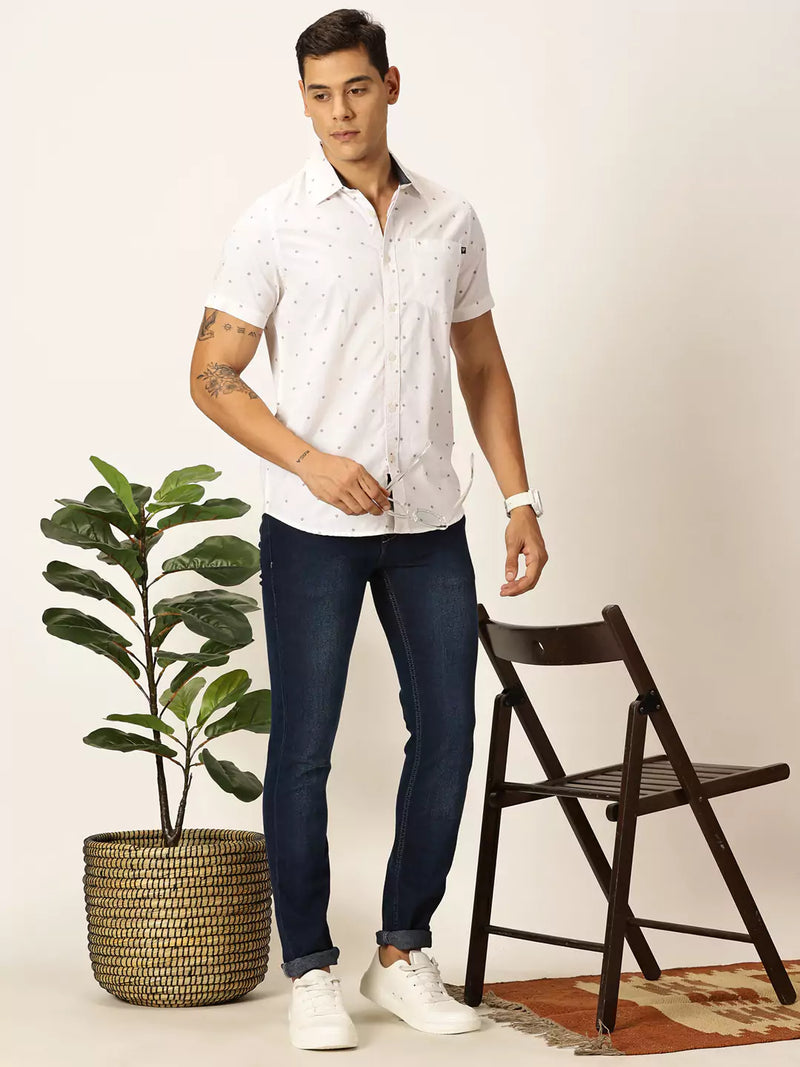 Thomas Scott Men Premium Spread Collar Micro Ditsy Printed Cotton Slim Fit Casual Shirt