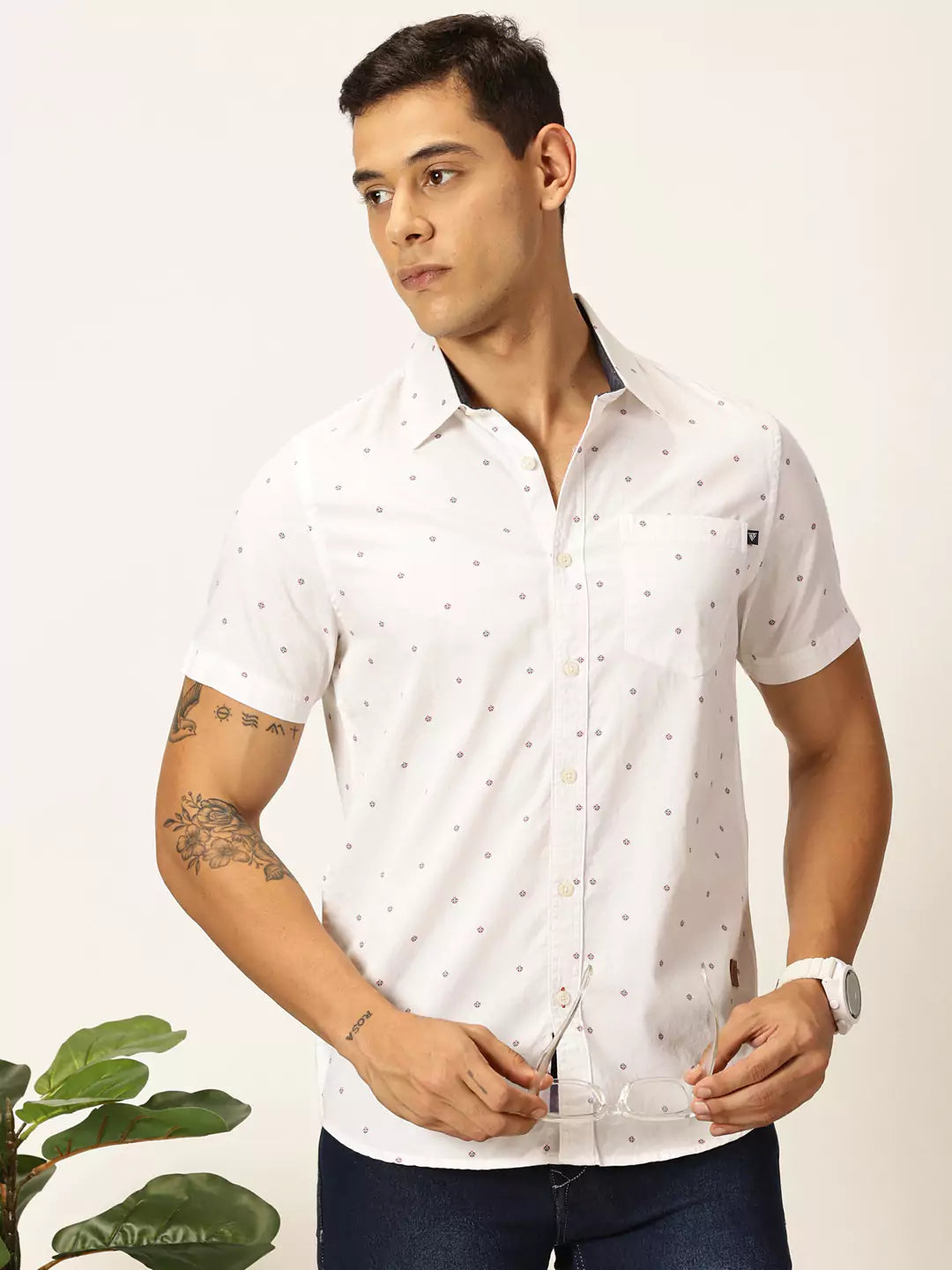 Thomas Scott Men Premium Spread Collar Micro Ditsy Printed Cotton Slim Fit Casual Shirt