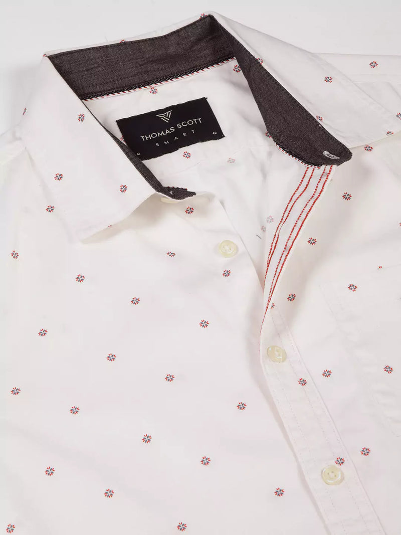 Thomas Scott Men Premium Spread Collar Micro Ditsy Printed Cotton Slim Fit Casual Shirt