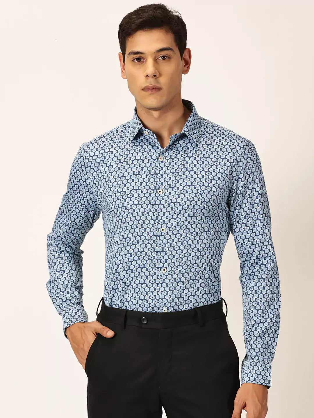 Thomas Scott Men Premium Slim Fit Geometric Printed Cotton Formal Shirt
