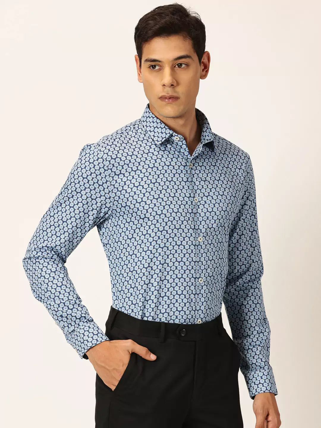 Thomas Scott Men Premium Slim Fit Geometric Printed Cotton Formal Shirt