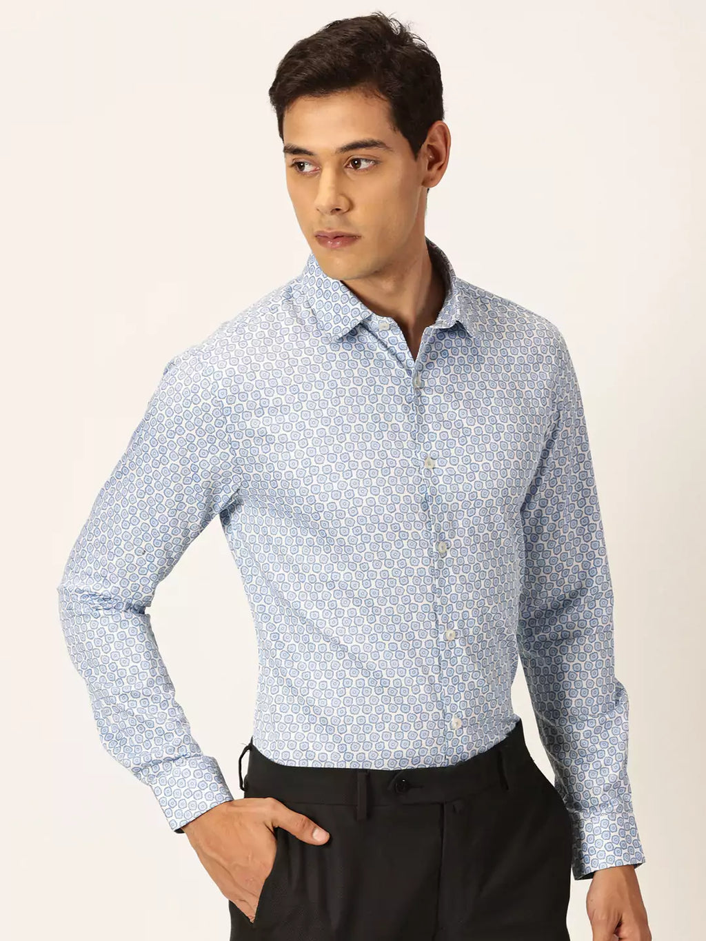 Thomas Scott Men Premium Slim Fit Floral Printed Cutaway Collar Cotton Formal Shirt