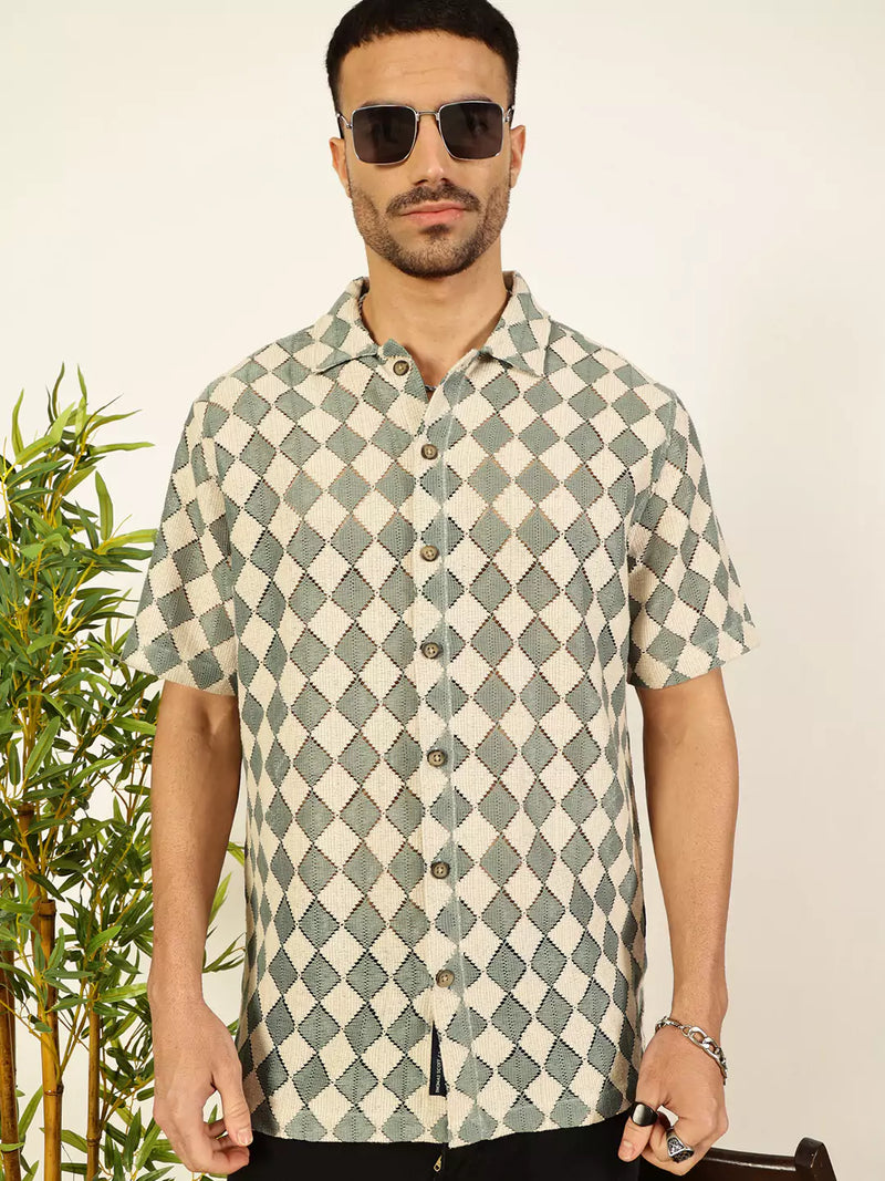 Thomas Scott Men Spread Collar Self Design Cotton Slim Fit Casual Crochet Shirt