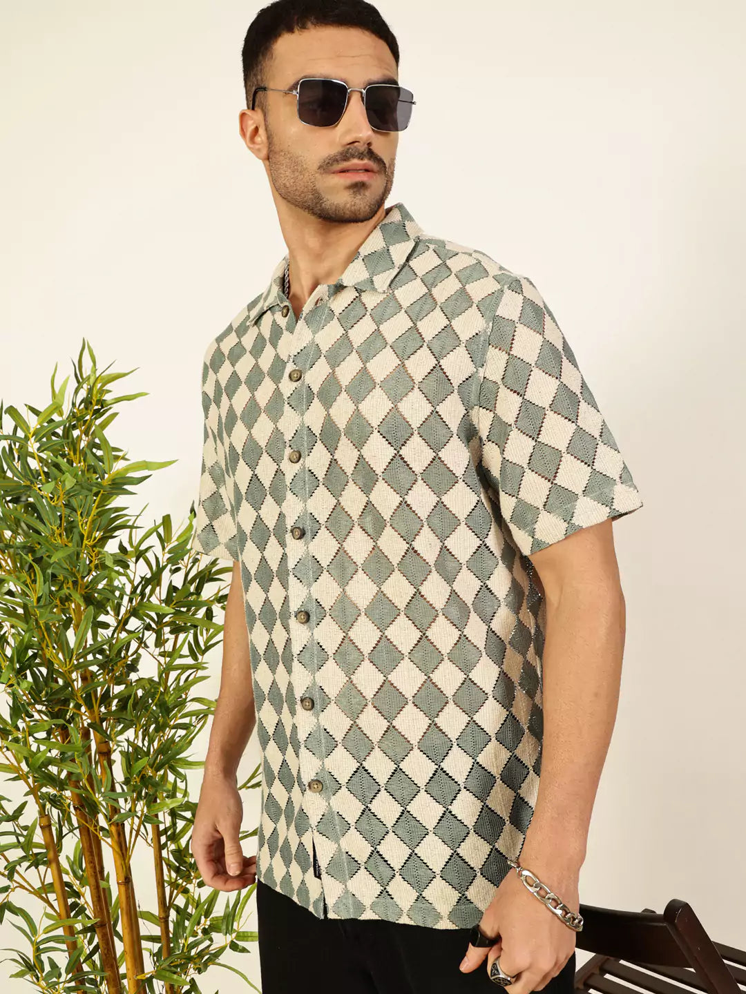 Thomas Scott Men Spread Collar Self Design Cotton Slim Fit Casual Crochet Shirt