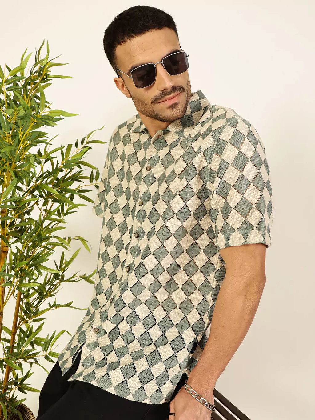 Thomas Scott Men Spread Collar Self Design Cotton Slim Fit Casual Crochet Shirt
