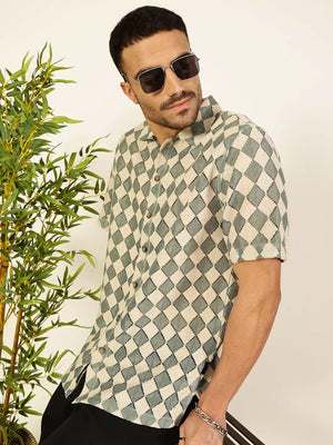 Thomas Scott Men Spread Collar Self Design Cotton Slim Fit Casual Crochet Shirt