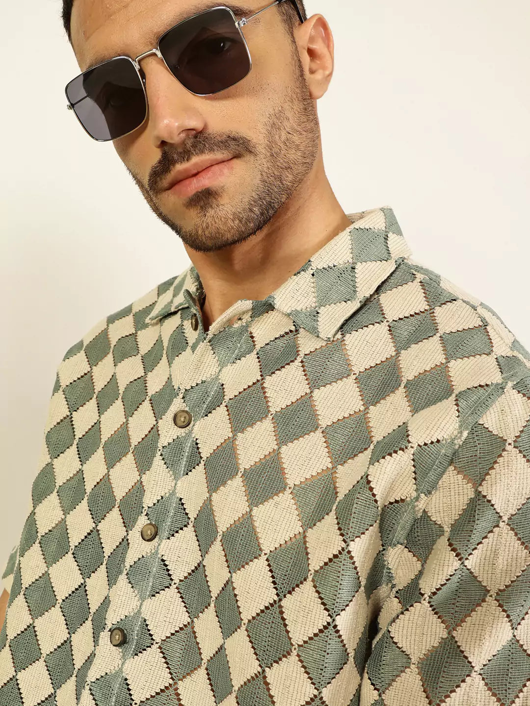 Thomas Scott Men Spread Collar Self Design Cotton Slim Fit Casual Crochet Shirt