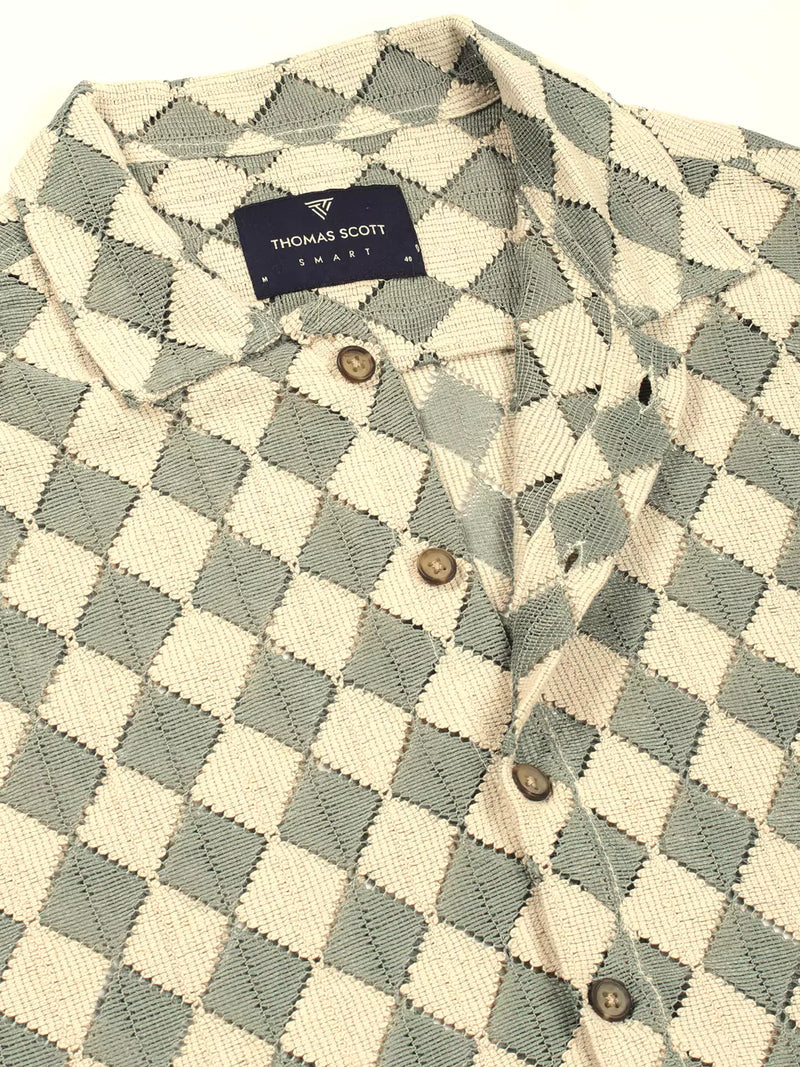 Thomas Scott Men Spread Collar Self Design Cotton Slim Fit Casual Crochet Shirt